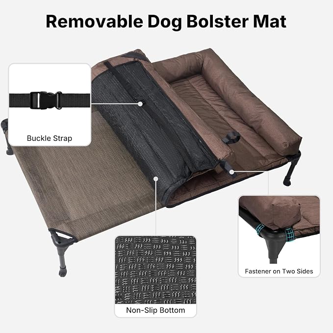 Veehoo Outdoor Elevated Dog Bed with Waterproof Bolster Cushion, Cooling | Raised Dog Bed with Removable & Washable Mat Topper, Breathable Mesh, Dog Couch Cot for Indoor Outdoor, 53", Large, Brown