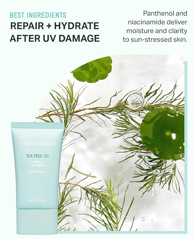 BRING GREEN Tea Tree CICA Mineral Sunscreen SPF 50+ PA++++ | Non-Nano Zinc Oxide Face Sun Lotion, Reef Safe Korean Sunscreen for Sensitive Skin, Oil-Free, 1.69 fl. oz