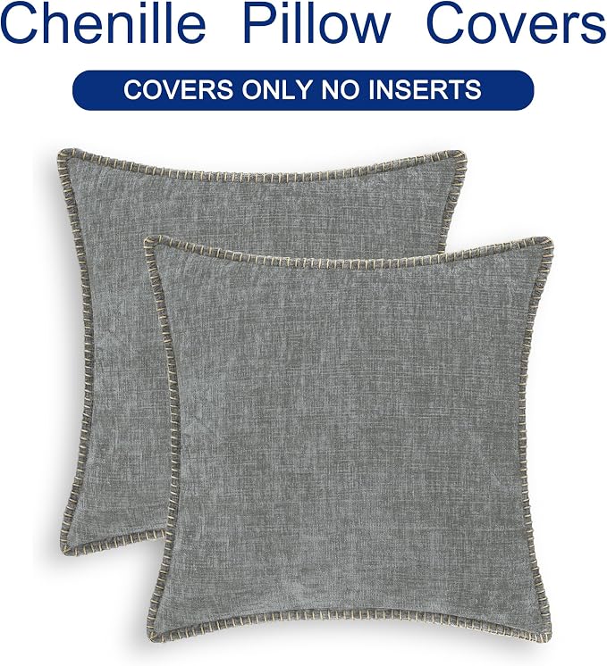 CaliTime Decorative Couch Throw Pillow Covers 20 X 20 Inches Medium Grey | Pack of 2, Cozy Chenille Cushion Cases, Cotton Thread Stitching Edges, for Sofa Bed Living Room Farmhouse
