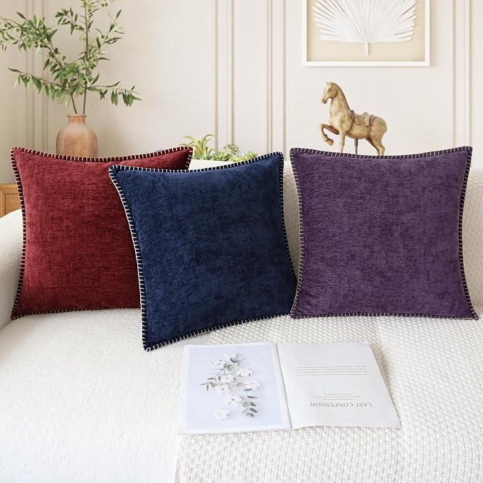 CaliTime Decorative Couch Throw Pillow Covers 20 X 12 Inches Burgundy | Pack of 2, Cozy Chenille Cushion Cases, Cotton Thread Stitching Edges, for Sofa Bed Living Room Farmhouse