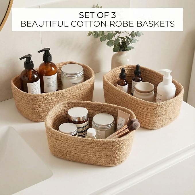 Beautiful Storage Basket Set of 3 - Sturdy Jute Rope Baskets for Shelves | Perfect for Organizing Your Home - Quality Storage Bins Easily Fit with Any Nursery or Bedroom Decor