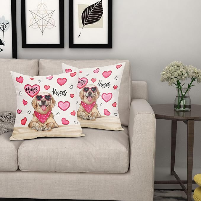 Valentine's Day Dog Pillow Covers 16X16 Inch Set of 2 Golden Retriever Hugs Kisses Pink Heart Decorative Pillow Cases Anniversary Wedding Cushion Case Valentine Party Home Decor for Sofa Couch