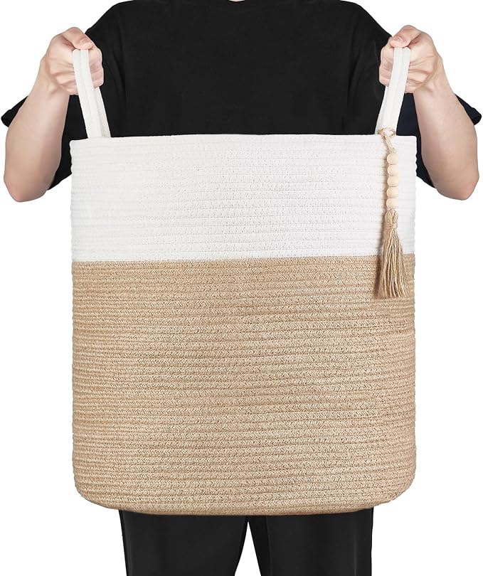 Mkono Woven Storage Basket for Blanket, Toys Plant Organizer, 15"W x 17.7"L | Cream White and Brown, Decorative Basket with Handle, Wood Beads Tassel, Shoes Towel Storage Bin, Living Room Bedroom Nursery