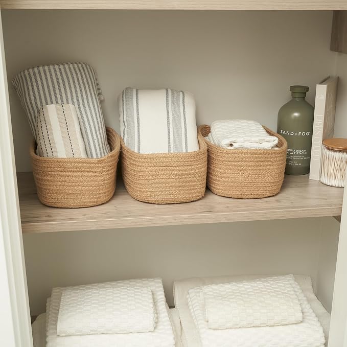 Beautiful Storage Basket Set of 3 - Sturdy Jute Rope Baskets for Shelves | Perfect for Organizing Your Home - Quality Storage Bins Easily Fit with Any Nursery or Bedroom Decor