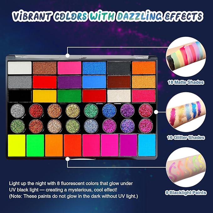 Professional Face Painting Kit for Kids – 42 Color Water-Activated Face Paint Makeup Palette with Stencils, Gems & Brushes – Non-Toxic Body Paint for Parties, Festivals, School Events & Carnival