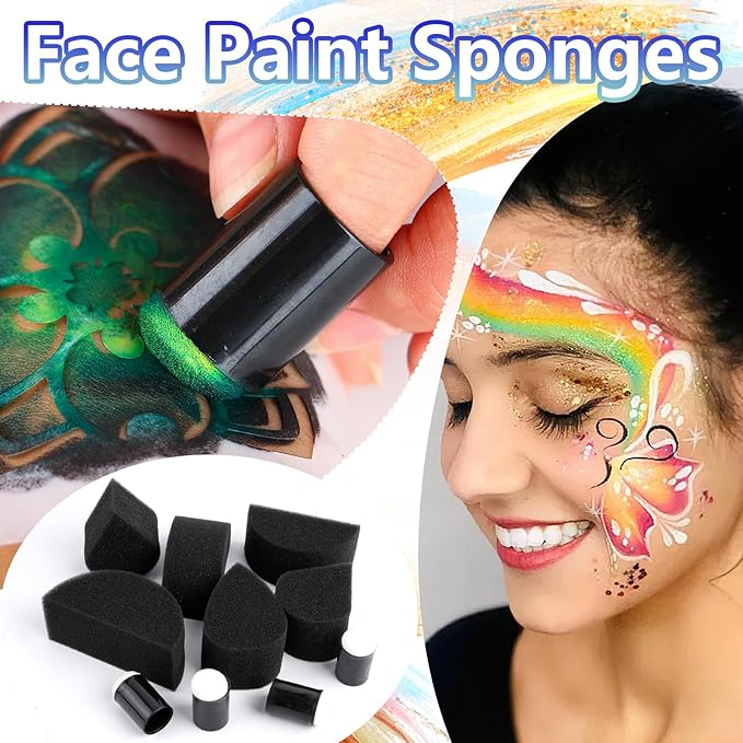 12 Pcs Face Paint Brushes, Nylon Black Paint Brushes Set with 30 Pcs Sponges, Face Painting Brush and Sponge Set for Halloween, Body Art, Acrylic Oil Watercolor Painting