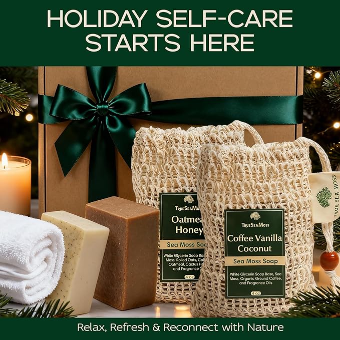 Holiday Gift Sea Moss Soap Bar – All-Natural Detox Soap with Coffee, Vanilla, Coconut & Oatmeal Honey – Gentle Handmade Foam for Sensitive Skin, Face & Body – Christmas Gift for Men & Women