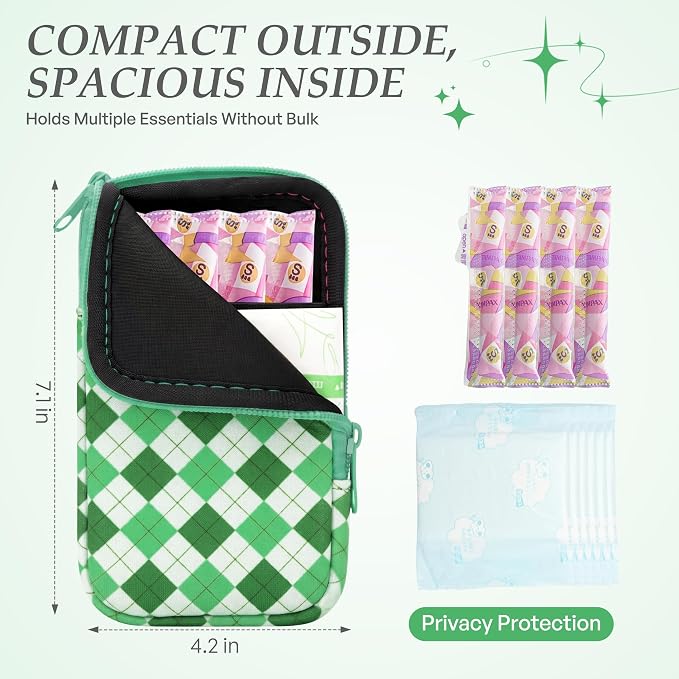 KJQJLY 2 Pack Portable Tampon Organizer Bag Tampon Holder & Storage Case with Zipper for Travel, Discreet Period Bag for Purse, Waterproof Feminine Products Pouch for Women (Yellow and Green Lattice)