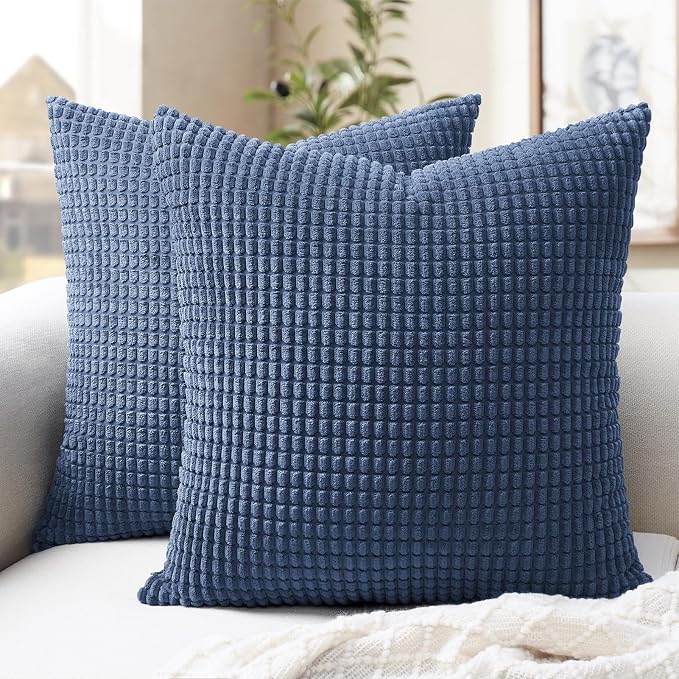 Softalker Corduroy Decorative Throw Pillow Covers 18x18, 2 Pack, Navy Blue | Soft Boho Striped Pillow Cases, Couch Fluffy Cushion Covers for Farmhouse Home Decor Bed Living Room