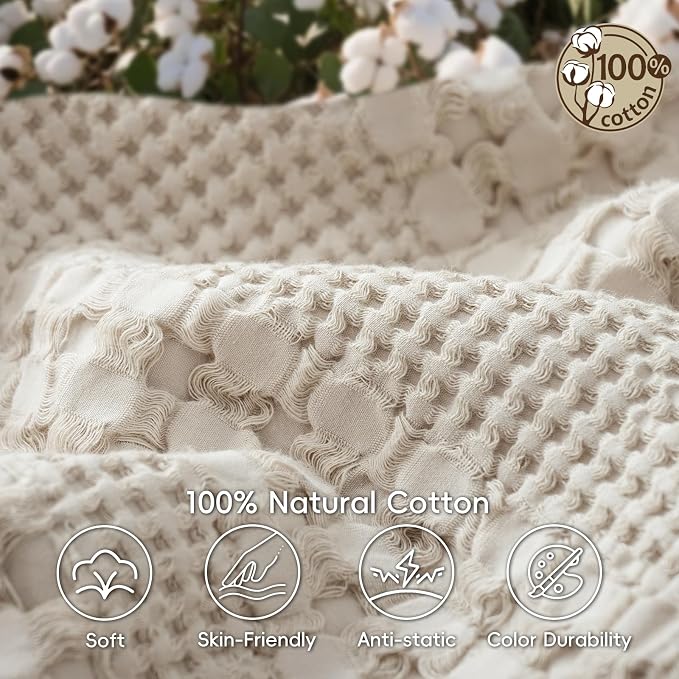 PHF 100% Cotton Waffle Weave Throw Blanket, Lightweight Breathable Summer Blanket for Couch Sofa, Pre-Washed Soft Throws for Bed, Office, Travel & Stylish Home Decor, 50"x60", Light Taupe/Oatmeal