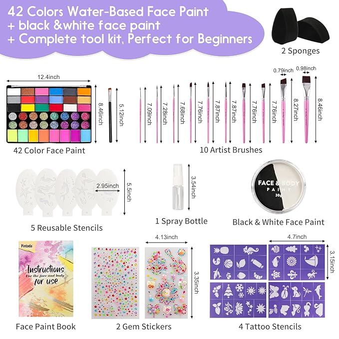 PINTADA 42 Color Face Painting Kit for Kids + 30g Black & White - Non Toxic Water Activated Face paint palette with Stencils, Brushes, Gems - For Halloween Makeup, Carnival, Parties & Cosplay