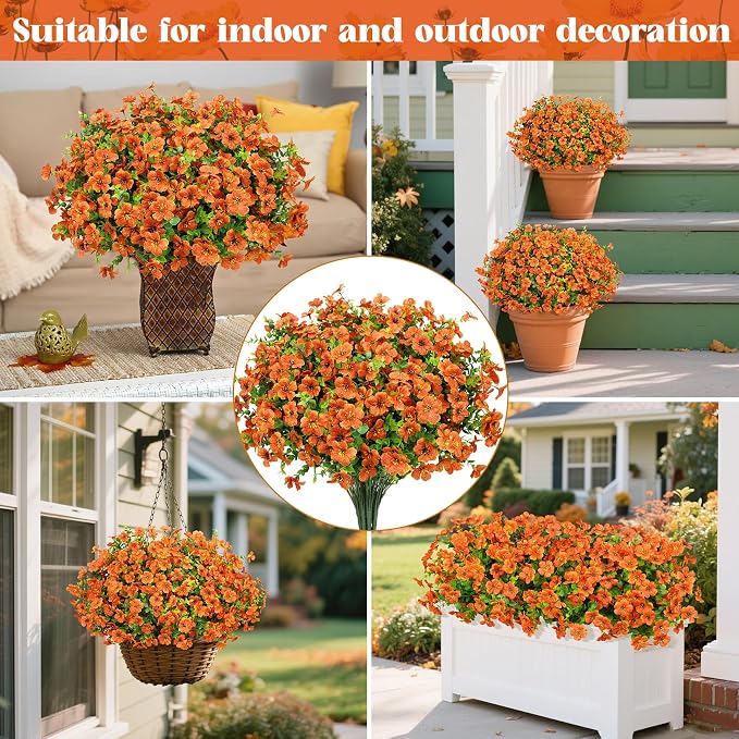 24 Pcs Artificial Fall Flowers, Fake Mums for Outdoors, Orange | Lifelike faux mums, silk flower, UV resistant, no-maintenance, for autumn Thanksgiving garden porch yard indoor outdoor decor