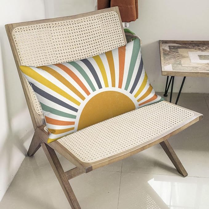 Boho Pillow Covers 12x20 Set of 2 Stripes Colorful Yellow Sunshine Decorative Pillow Cases Summer Rainbow Sun Outdoor Cushion Cover Cute Farmhouse Linen Decor Throw Pillows for Couch Sofa