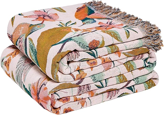LUTBM Boho Throw Blanket for Bed 60"x80", 100% Cotton Soft Couch Blankets | Reversible Floral Bird Jacquard, All-Season Lightweight Breathable Twin Quilt, For Chair Sofa Bedroom Living Room, Home Decor