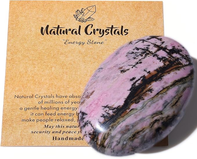 MAIBAOTA 2.4" Large Rhodonite Crystal Stone Polished Palm Stone Healing Crystals 0.7" Thick Natural Reiki Gemstone Worry Stone Energy Balancing Anxiety Stress Relief Meditation 1 Pc