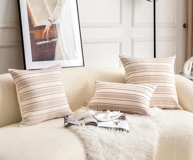 Cethom Decorative Boho Lumbar Throw Pillow Covers, Farmhouse Textured Pillow Case, 12 x 20 Inch Set of 2, Chair Sofa Bedroom Living Room Home Decor Couch Cushion Case, Tapue and Beige