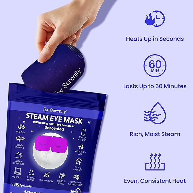 Eye Serenity Steam Eye Mask, Heated Eye Mask, Self Heating Warm Compress for Dry Eyes, Fast Relief for Stye, Puffy Sensitive Eyes, Moist Heat, Mothers Day Gifts for Women and Men - Unscented