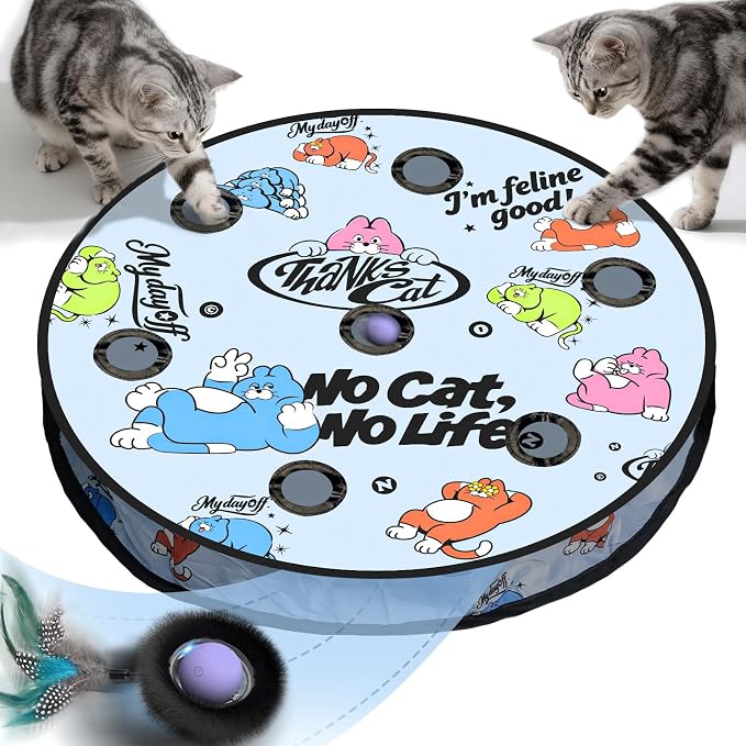 Interactive Cat Toy, Motion Activated Ball & 7 Holes Maze Hide and Seek Mat | Exercise Game for Indoor Cats, Automatic Moving Cat Ball Toy Mouse Catching in Pouch, Rechargeable Kitten Toy, No Cat No Life