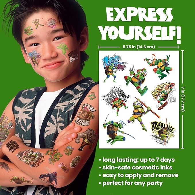 Teenage Mutant Ninja Turtles Temporary Tattoos for Kids 200 pack - TMNT tattoos. Made in the USA w Certified Safe Ink. Kids Birthday Party Supplies & Party Favors.