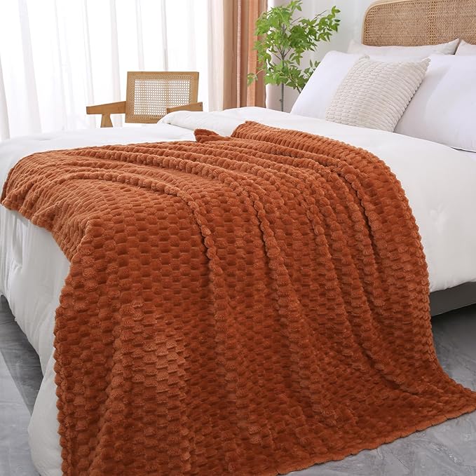 Puncuntex Burnt Orange Throw Blanket 60"×80" Fuzzy 3D Jacquard Decorative | Flannel Fleece Super Soft Plush Cozy Blanket for Couch Sofa Chair Lightweight