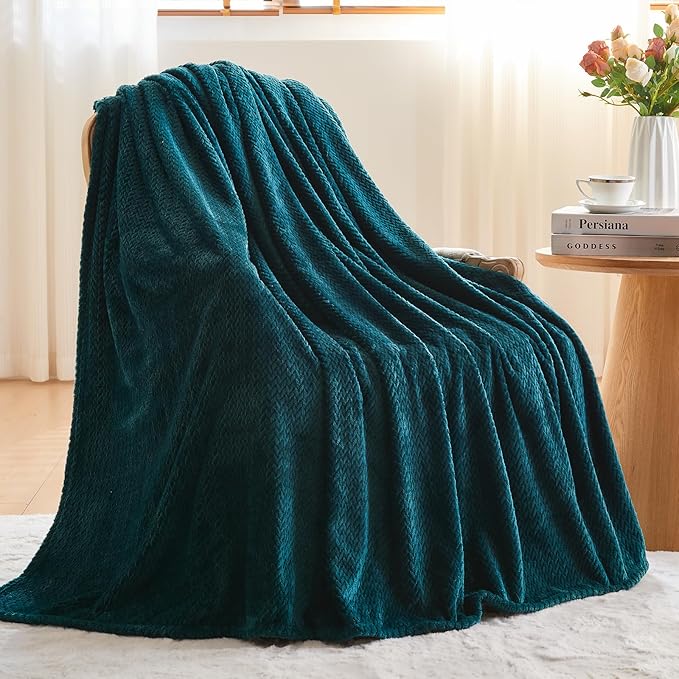 NEWCOSPLAY Fleece Leaves Pattern Twin Blanket, Dark Teal, 60"x80" | Super Soft Throw Blanket, Lightweight Cozy Bed Sofa Blanket, Premium Silky Flannel Fleece, Travel Blanket for All Season Use