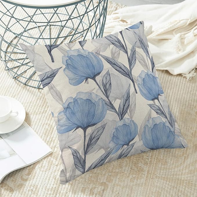 Floral Pillow Covers 18x18 Inches Set of 2,Watercolor Blue Flower Throw Pillow Covers Outdoor Spring Summer Flower Decoration Pillowcase Farmhouse Decorative Square Cushion Cover For Home Sofa