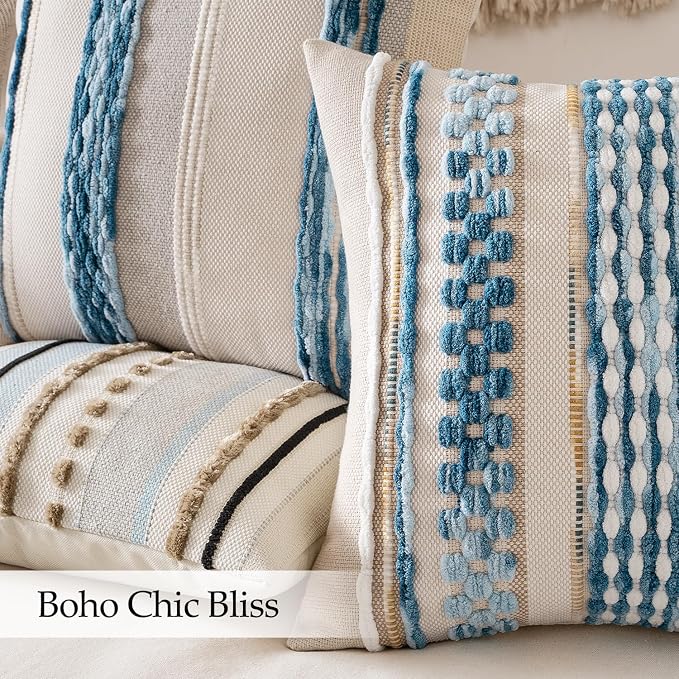ANRODUO Boho Decorative Pillow Covers 24x24 Light Blue Stripe Pack of 2 | Euro Throw Pillow Covers, Farmhouse Cushion Case, Chenille Pillow Cases, Pillow Covers, Neutral Pillowcase for Sofa Couch Bed