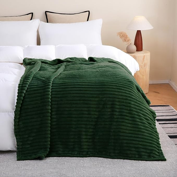 Green Fleece Throw Blanket 60”×80” for Couch Sofa Livingroom | Super Soft Cozy Plush Microfiber Flannel Bed Blanket Striped Design Lightweight Home Decor Gifts for Adults Mom Women