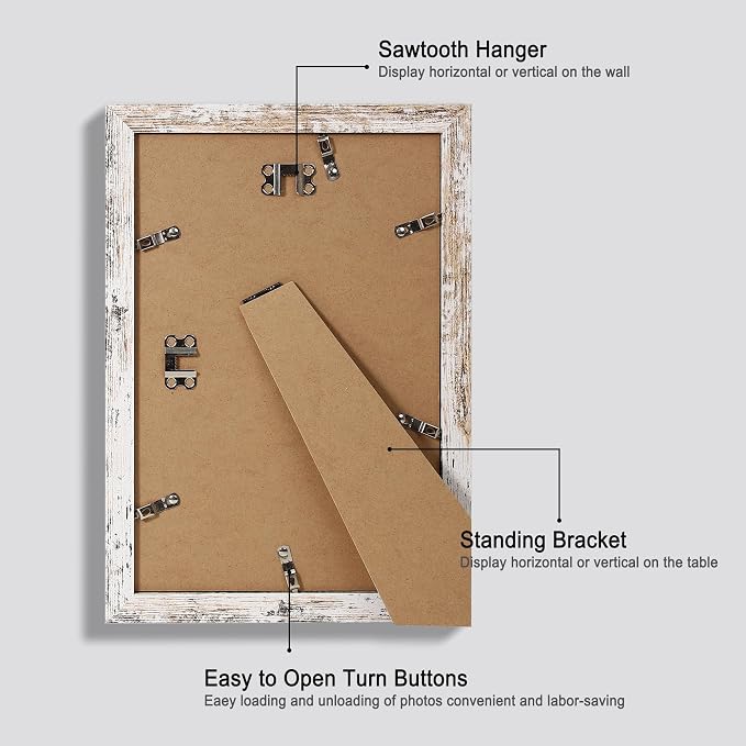 Hongkee 8x12 Picture Frame Set of 4, Made of Glass and Distressed White Wooden Frame - Display 6x8 Picture with Mat or 8 x 12 Poster Without Mat, 8 by 12 Photo for Wall or Tabletop