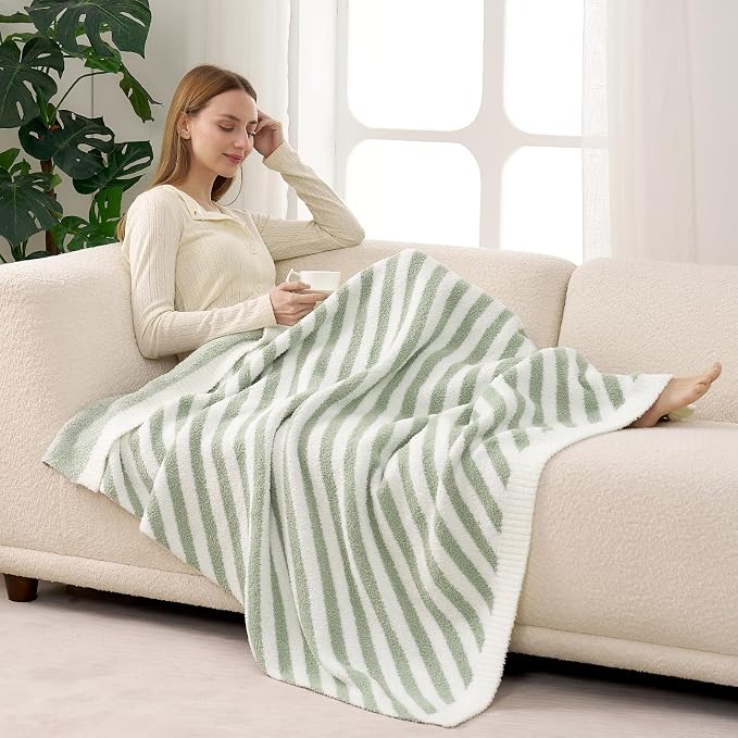 Snuggle Sac Ultra Soft Throw Blanket, Sage Green, 50"x60" | Reversible, Cozy Knitted, Fuzzy Knit Striped, For Couch, Sofa, Bed