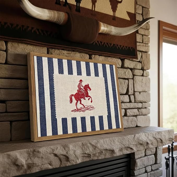 Vintage Western Wall Art Mid Century Striped Cowboy Wall Decor Painting Blue and White Southwest Poster Canvas Print for Bedroom Lving Room 12x16 inch Wood Framed