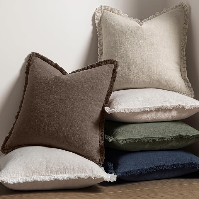 MIULEE Boho Linen Fringe Decorative Fall Pillow Covers Reddish Brown 18x18 | Set of 2, Cottagecore Decor, Boho Farmhouse Neutral Pillow Covers, Rustic Fall Couch Cushion Cases for Sofa Bed Living Room