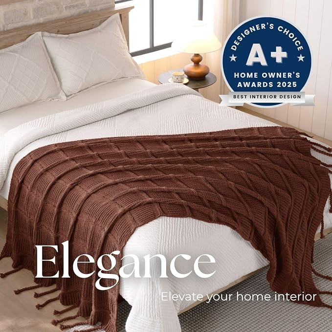 Boho Knitted Chenille Blanket with Tassels - Lightweight & Soft All-Season Throw - 3D Classic Pattern for Living Room Bedroom Couch, Copper Brown, King 90"x108"
