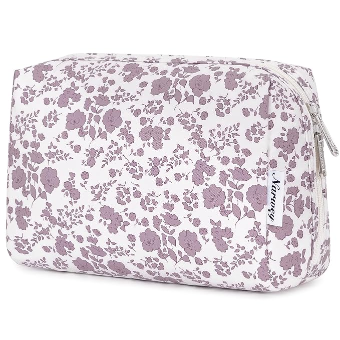 Narwey Cute Floral Makeup Bag Travel Cosmetic Bag Organizer Toiletry Bag Make Up Bags with Organized Pocket for Women Girls (Large,Dusty Pink Flower)