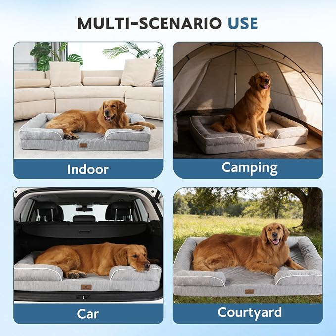 Cooling Dog Bed,Dual-Cooling Design,Q-Max >0.4 Cool Pet Beds for Extra Large Dogs,Orthopedic Foam Dog Bed with Sides, Removable Cover & Waterproof Lining,Grey (48" L x 32" W x 8" Th)