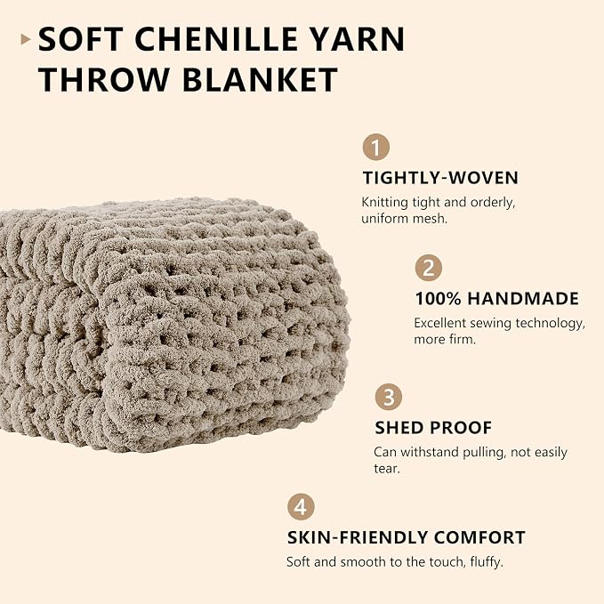 L'AGRATY Chunky Knit Throw Blanket for Couch, 72 x 84 Inches, Light Linen | Handmade Chenille Crochet Blanket for Sofa Bed, Thick Cable Knitted Blankets for Room Home Decor, Birthday Gift for Women Mom