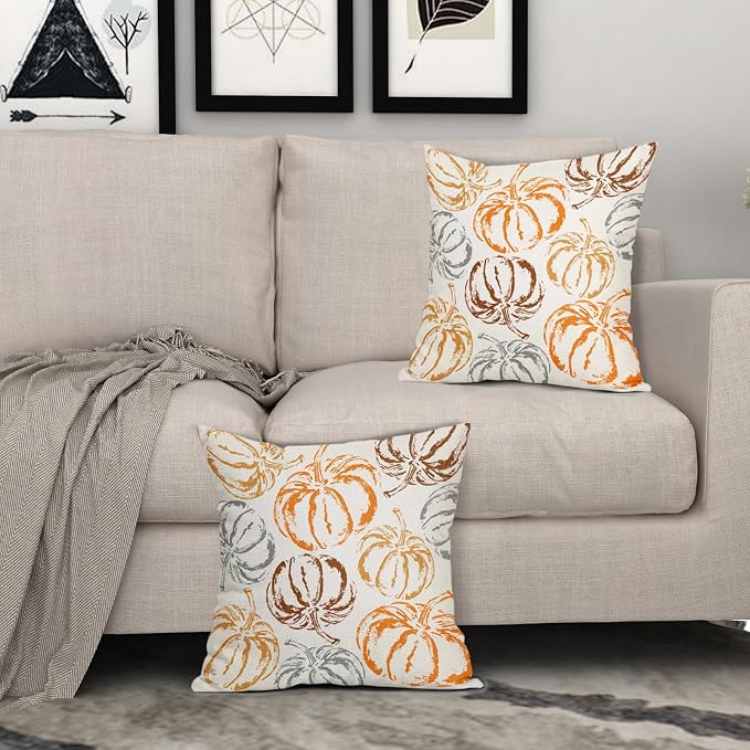 Fall Pillow Covers 24X24 Inch Set of 2 Burnt Orange Brown Grey Pumpkin Decorative Pillow Cases Autumn Harvest Thanksgiving Cotton Linen Cushion Case Holiday Home Decor For Sofa Bed Couch Outdoor