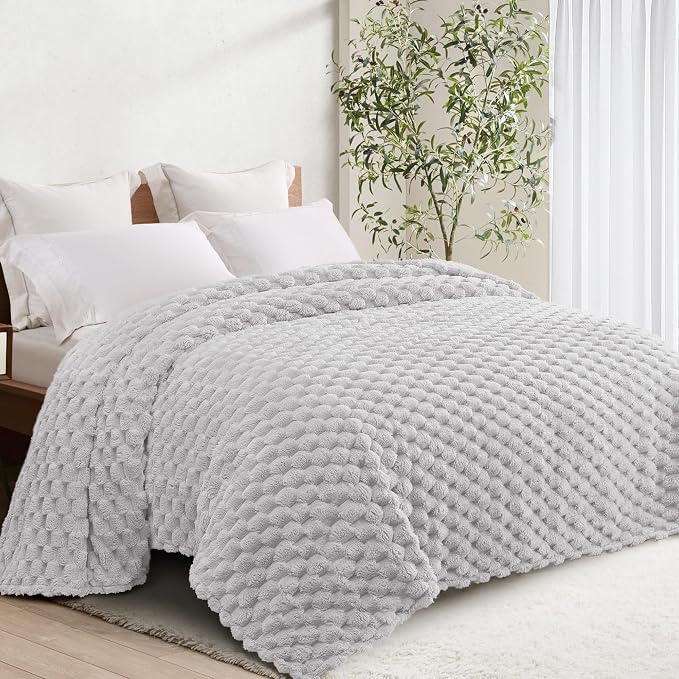 Whale Flotilla Soft Fleece Queen Size Bed Blanket 3D Jacquard, Light Grey | Lightweight Breathable Coverlet Bedspread for All Seasons, Super Cozy Plush Fluffy Fuzzy Decorative Blanket for Bed, 90"x90"