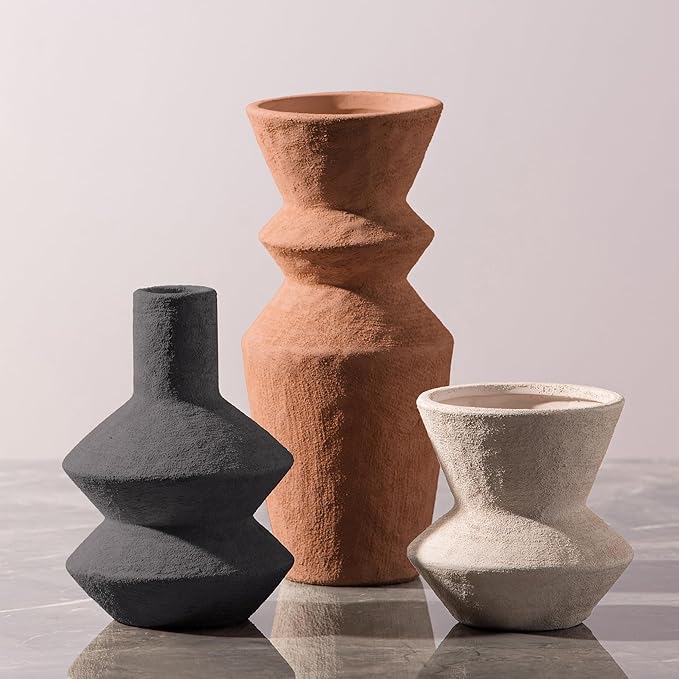 Ceramic Vase Home Table Decor - Flower Vase Set of 3 Living Room Kitchen Decorations Farmhouse Modern Rustic Vases Decorative Centerpiece for Shelf Bedroom Office Bathroom Dining Coffee Desk