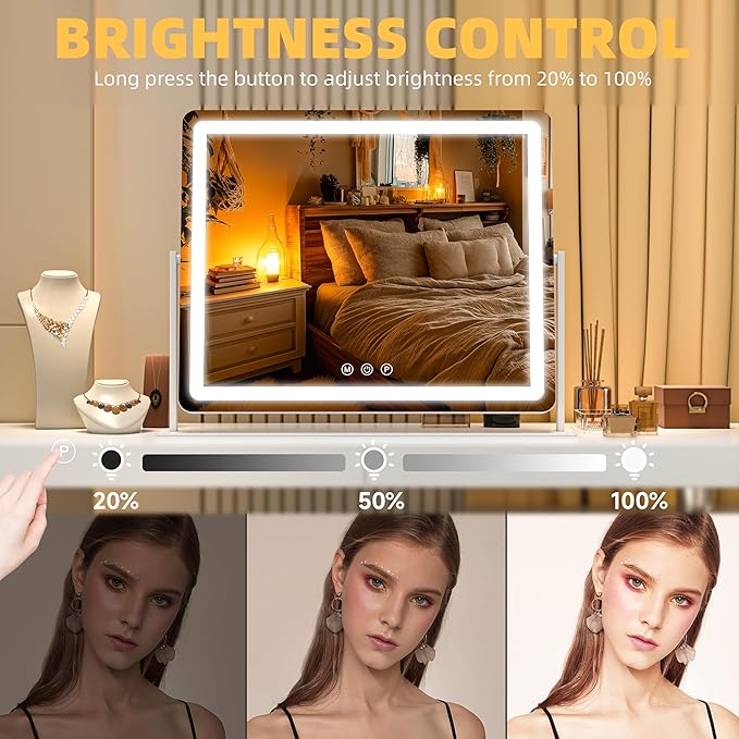 Vanity Mirror with Lights, 25.6'' x 22'' Lighted Makeup Mirror, Touch Screen with 3-Color Lighting, Dimmable for Vanity Desk Tabletop Round White