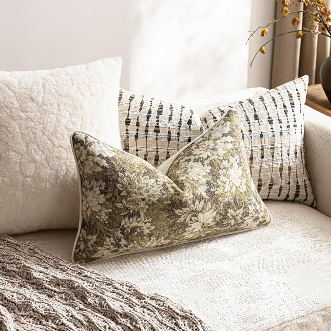 Pack of 2 Vintage Floral Pillow Covers 12x20 Boho Farmhouse Accents Chenille Rectangular Lumbar Decorative Throw Pillow Cases for Living Room Couch Bed Home Decor, Beige