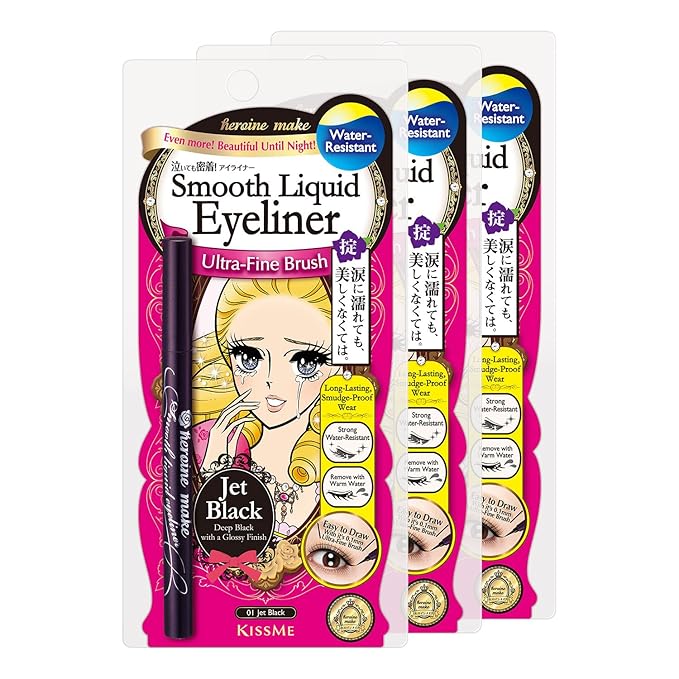 Heroine Make by KISSME Waterproof Eyeliner with Ultra-Fine 0.1mm Tip, Liquid Eyeliner Pen for Sensitive Skin, Cat Eye Liner for Long Lasting Wear, Made in Japan, Jet Black, 3 EA, SMOOTH