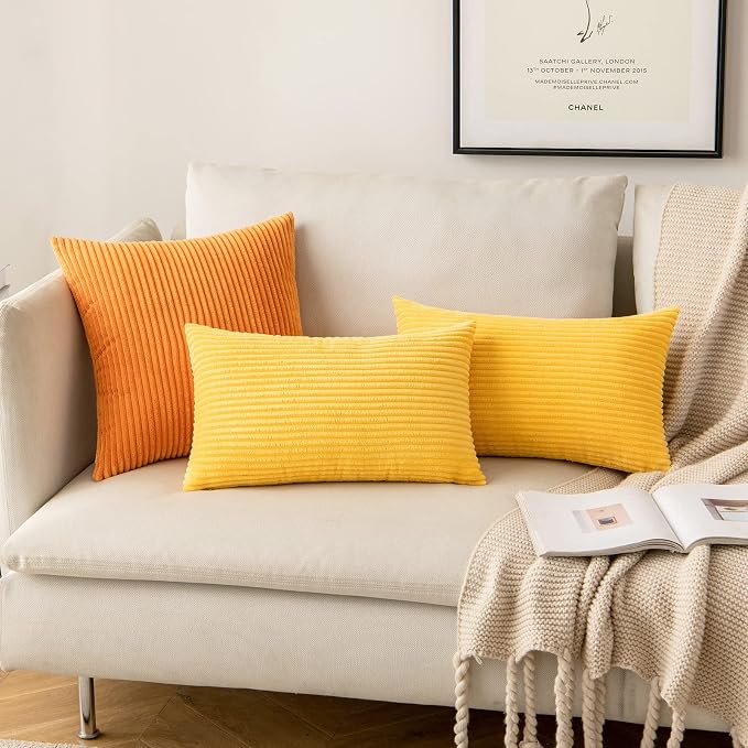 MIULEE Fall Soft Corduroy Throw Pillow Covers Set of 2 18x18 Golden Yellow | Decorative Striped Textured Cushion Cases, Boho Energetic Vibe Pillowcases, Home Decor for Couch Chair Sofa Bed Living Room