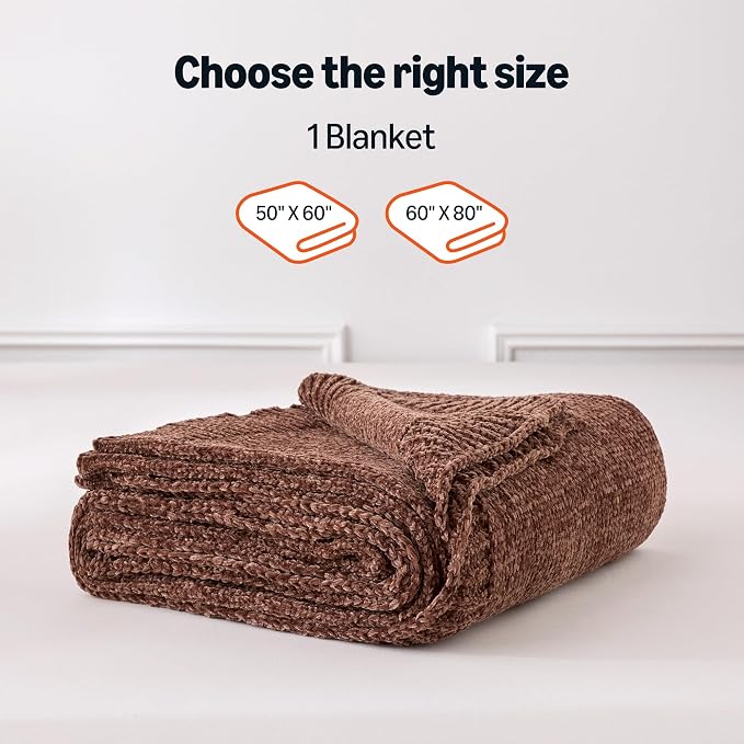 Amazon Basics Chunky Chenille Knit Throw Blanket for Couch, Bed and Sofa, Soft and Warm Lightweight Jersey, 50"×60", Brown