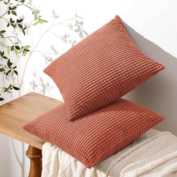 Softalker Corduroy Fall Throw Pillow Covers 24x24, Set of 2, Burnt Orange | Soft Boho Striped Pillow Cases, Couch Fluffy Cushion Covers for Farmhouse Home Decor Bed Living Room
