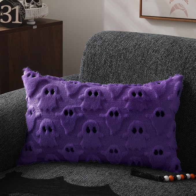 DFXSZ Halloween Pillow Covers 12x20 inch 2Pcs Purple Ghost Halloween Decor | Halloween Decorations Set of 2 Throw Pillow Cases Plush Faux Fur Wool Cushion for Chair Sofa Bedroom Living Room Home Decor