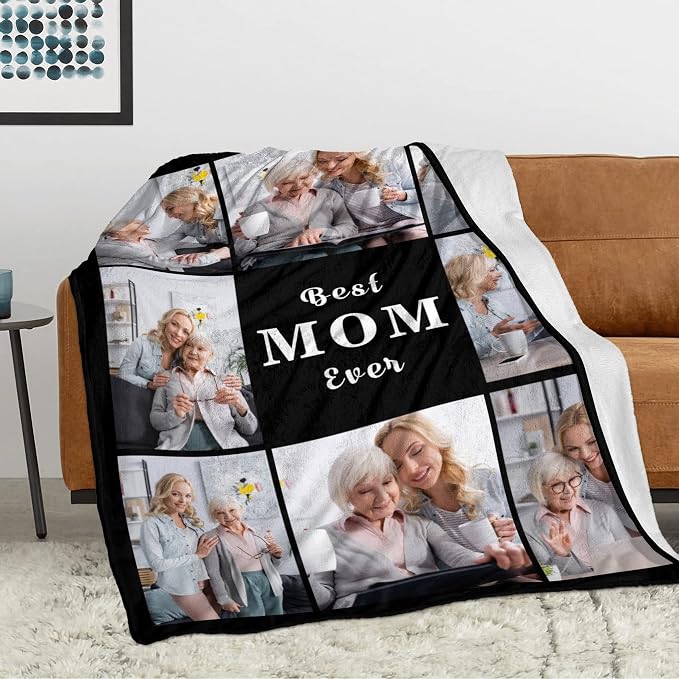 Best Mom Ever Custom Blankets Personalized Blanket with Photo Text | Customized Picture Throw Blanket for Family Mom Dad Sister Grandma Wife on Mother's Day, Christmas, Birthday, Anniversary