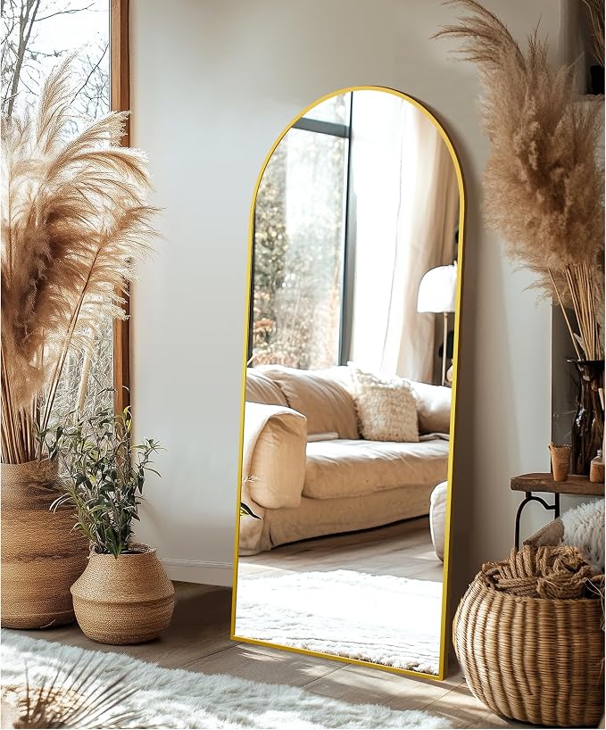 Arched Full Length Mirror with Stand, 69x24 Gold Floor Mirror | Aluminium alloy frame with HD float glass for distortion-free reflection. Free standing or wall mounted.