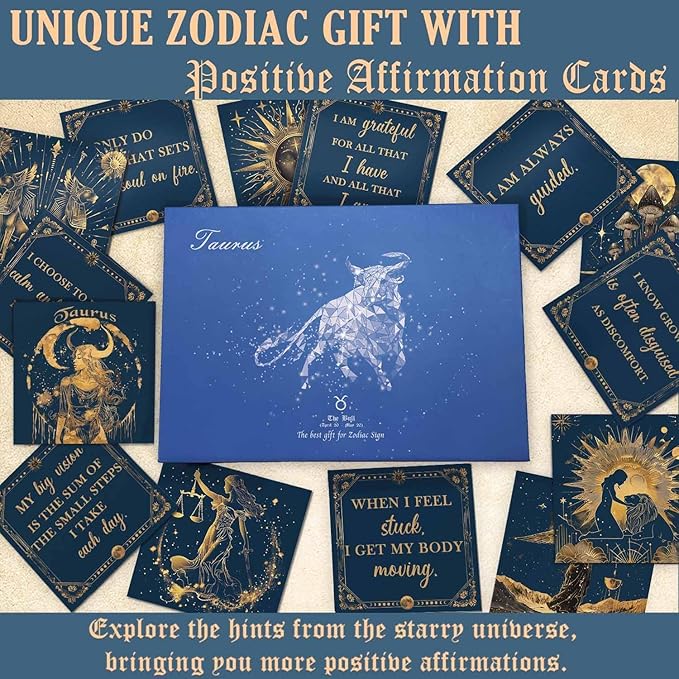 Faivykyd Taurus Gifts for Women, 6 Taurus Zodiac Crystals with 50 Miracle Mantras Affirmation Cards, Healing Astrology Gifts for Motivation, Promote Positive Energy