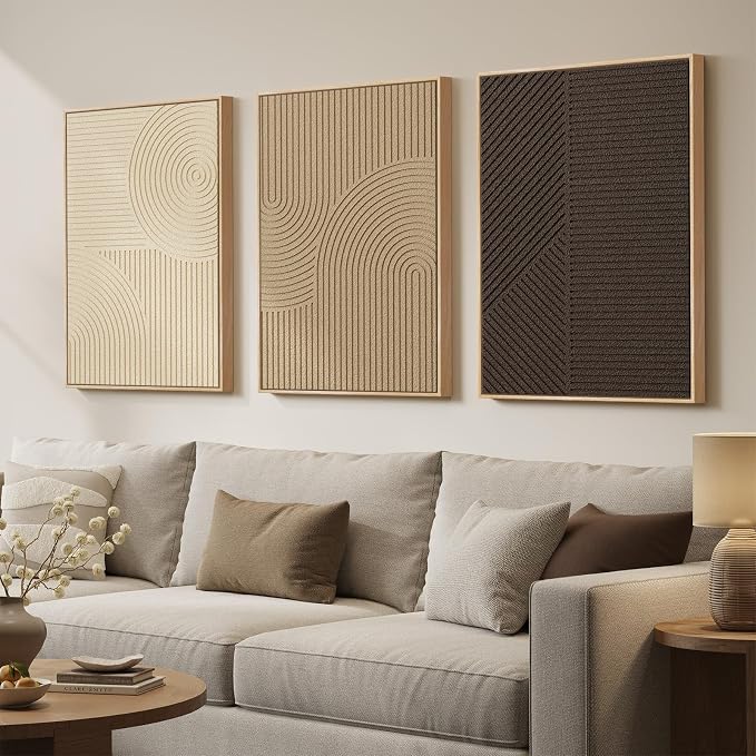 Large 3D Textured Framed Boho Neutral Wall Art for Living Room, 3 Piece Modern Minimalist Texture Paintings Artwork for Walls, Brown Beige Tan Geometric Pictures for Hallway Office Wall Decor 20x30 In